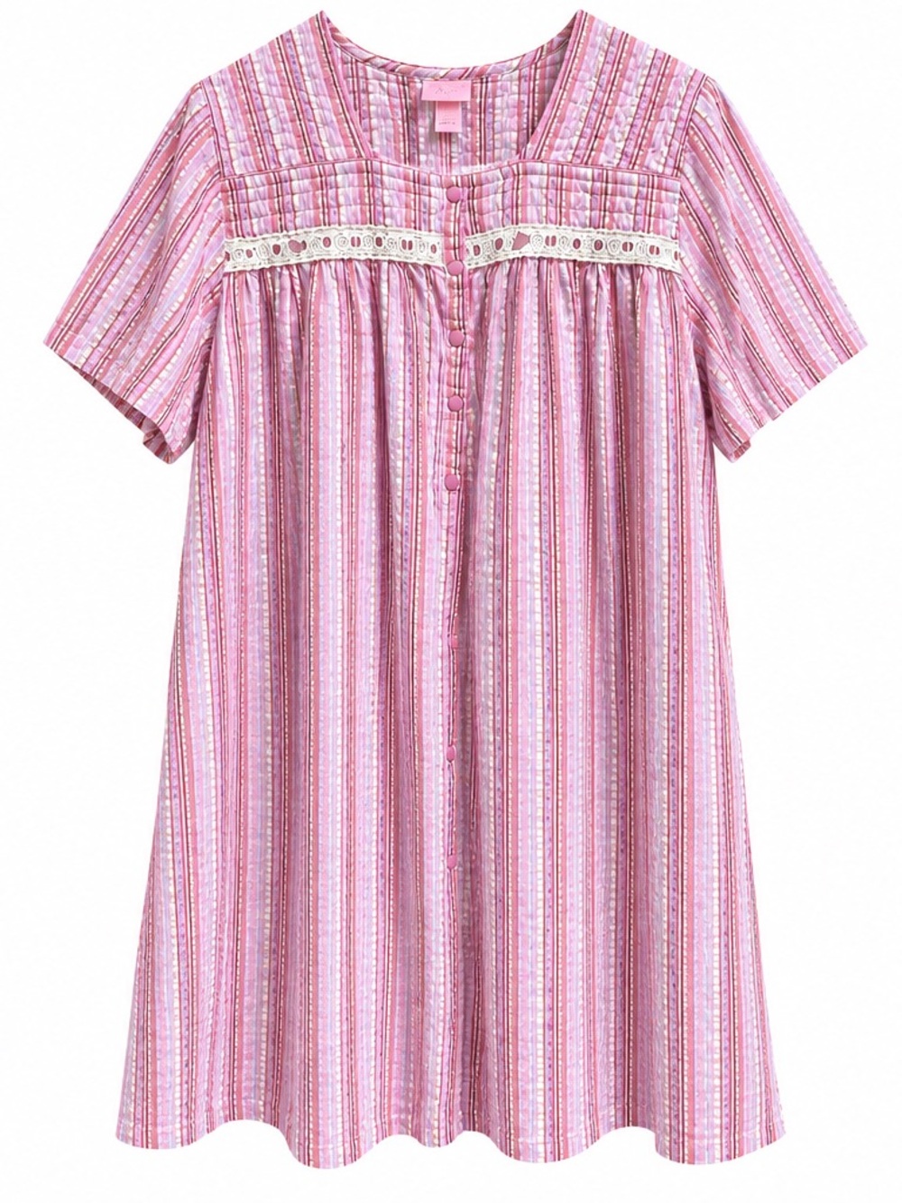 Pink Striped Short-Sleeve Nightgown with Lace Yoke